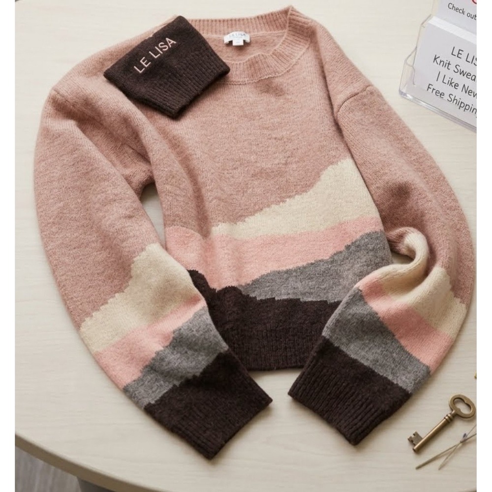 Le Lis Collection Womens Colorblock Landscape Knit Crewneck Sweater Pink Brown L